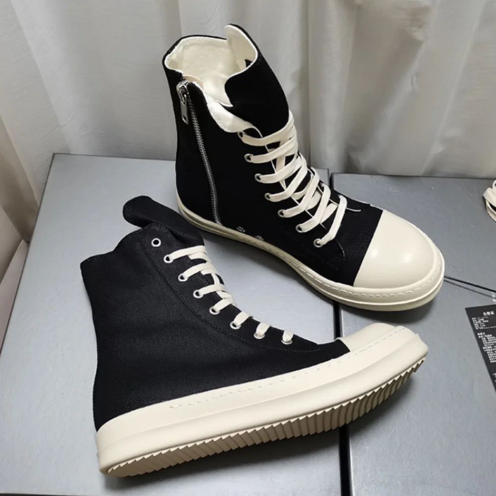 

Ro Luxury Men Boots High Top Canvas Shoe Black Women Sneaker Casual Shoes Waxed Canvas Sneakers Zipper Ankle Boot