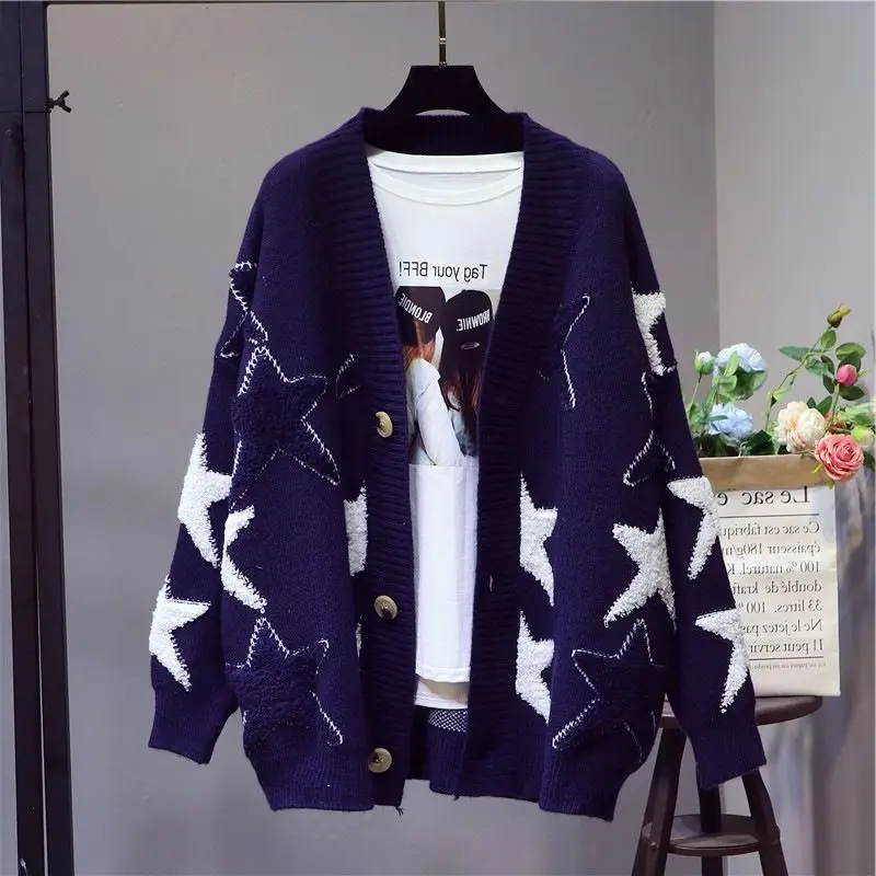 2023 Autumn/Winter New Loose Korean Star Jacquard Color Block Long Sleeve Knitted Cardigan Sweater
