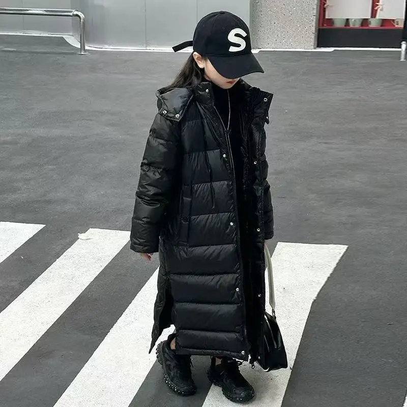 

Children's Down Jacket Winter New Style Boys and Girls' Western Style Thickened Long Over Knee Winter Student Black Coat 3-15Y