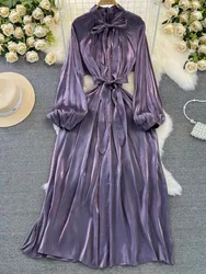 Autumn Elegant Women Fashion Party Long Dress Bow Lace Up Long Sleeve Evening Dresses A-Line Casual Vestidos One Piece Prom Robe