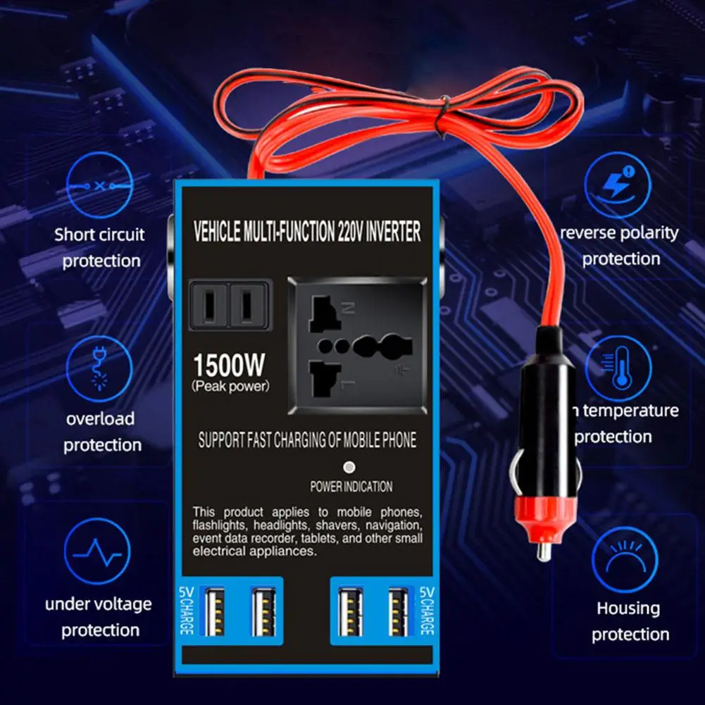 1500 واط عاكس الطاقة تيار مستمر 12 فولت 24 فولت إلى التيار المتناوب 110 فولت 220 فولت محول السيارة مع 4 USB شحن سريع ولاعة السيجار المقبس للمنزل السيارة