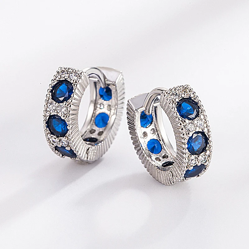 European American Retro Zircon Blue Ear Buckle Exquisite Commuting Earrings Temperament 925 Silver Geometric Circles Earring