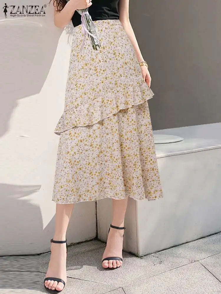 

ZANZEA Ruffles Stitching Women Faldas Floral Print High Waist Midi Skirt Bohemian Elegant Jupes 2023 Summer A-line Fashion Skirt