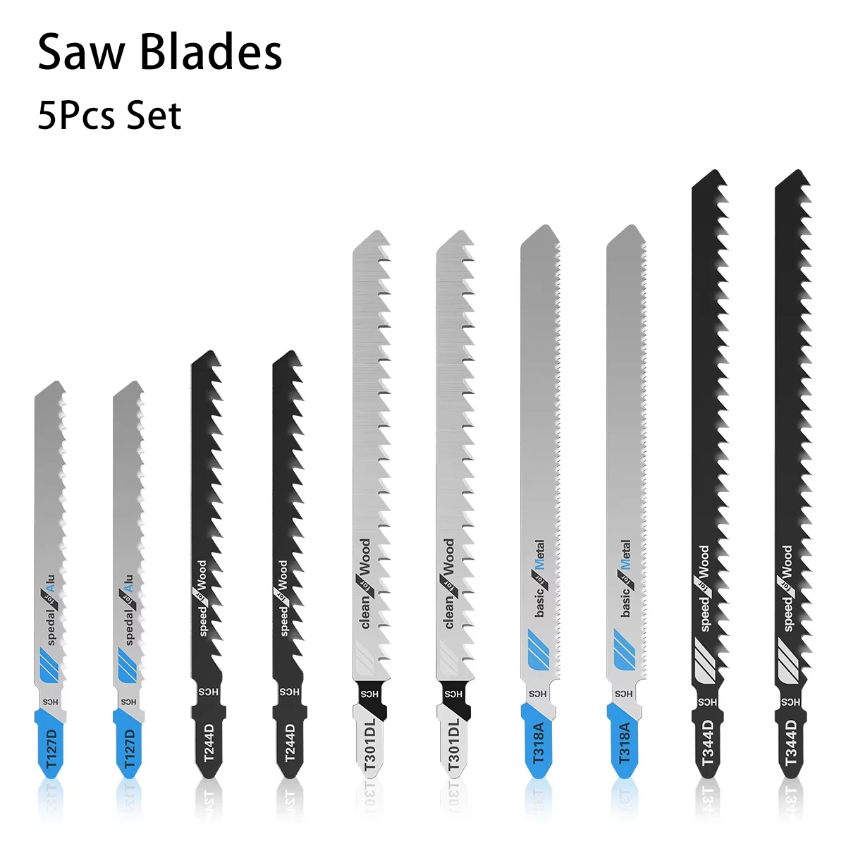 5pcs Wood Cutting Jigsaw Blade Set Coarse Teeth Saw Blades Solid Wood Aluminum Plastic Cutting Power Tool Accessory