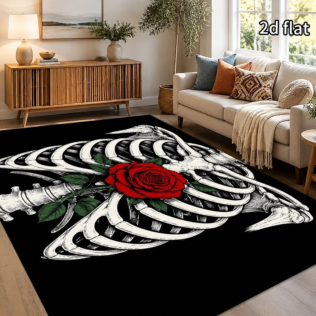 2D Flat Skull Skeleton With Rose Area Rug, Soft Lightweight Easy‑Clean Floor Decor, Non‑Slip Machine Washable Ornament