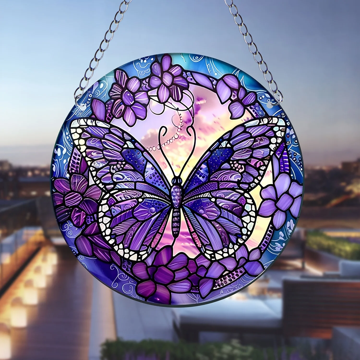 1pc Butterfly Suncatcher Stained Window Hanging Acrylic Round Wreath Sign Yard Garden Home Room Decoration