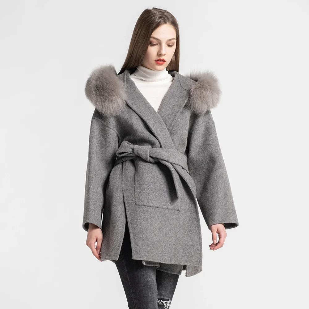 

Women Winter Real Wool Coats Fashion Fox Fur Collar Trench Coat With Hood Lady Fur Jackets Belt Fur Cuff S7494