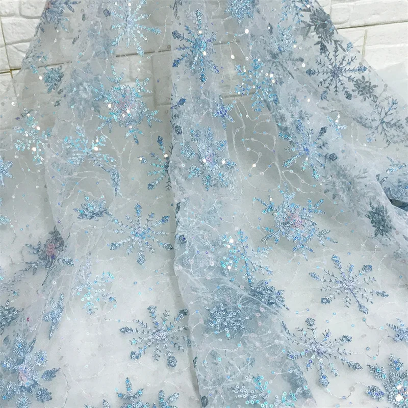 1 Yard Blue embroidery Snowflake Sequined Mesh lace fabric For Cosplay, Prom, Evening Dress, Wedding Birthday Prom