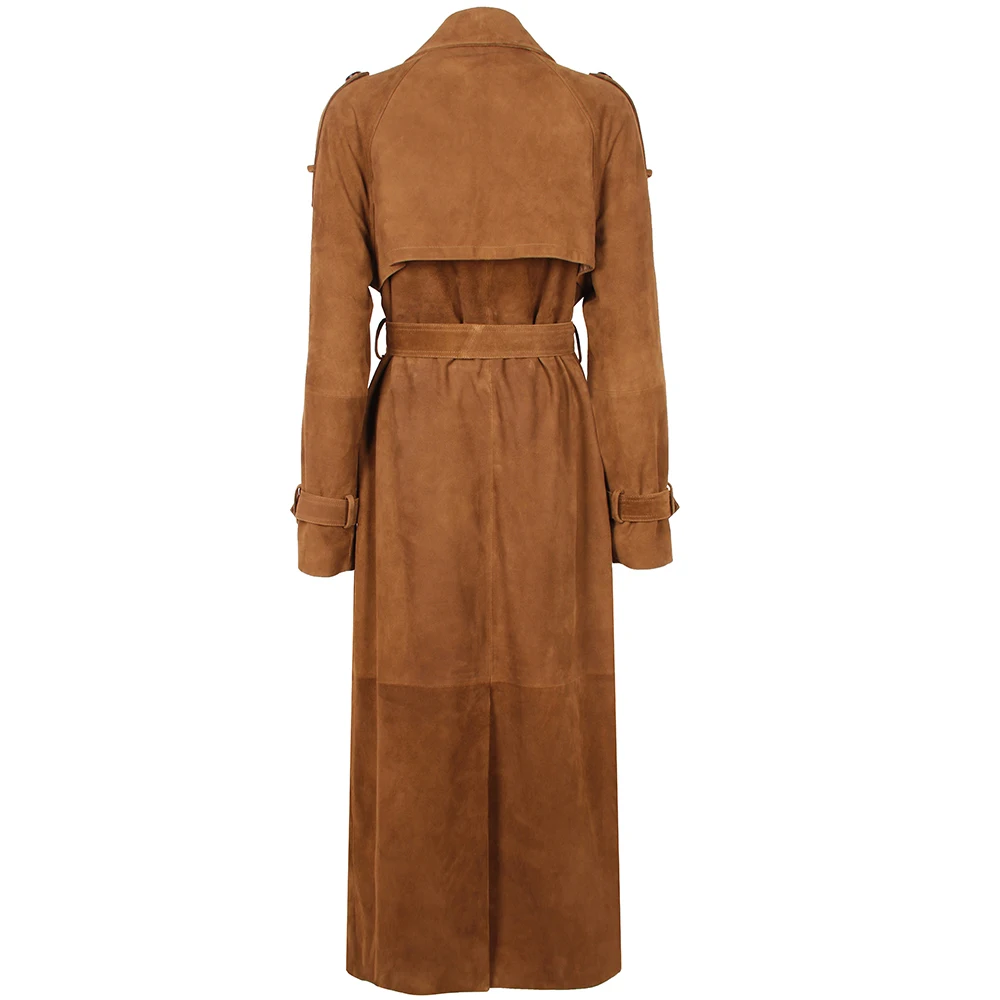 YOLOAgain Double Breasted Suede Jacket Coat Women Real Leather Trench Coat