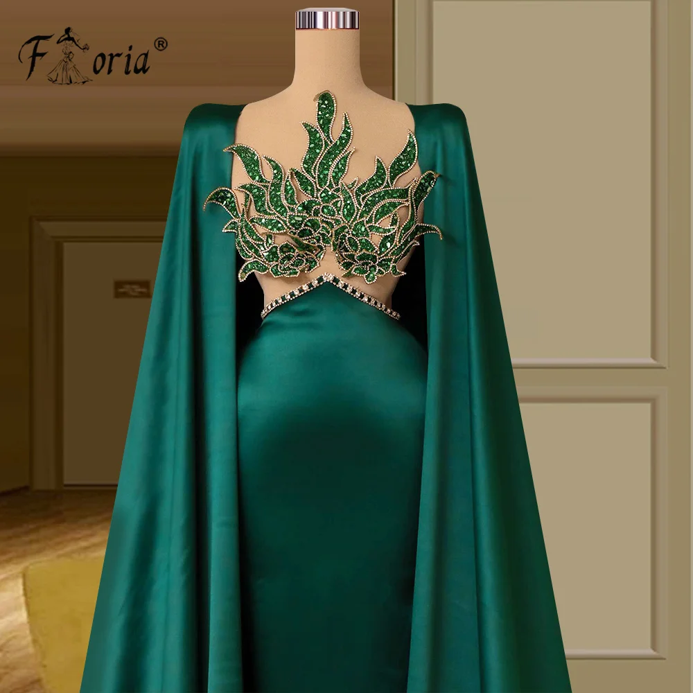 Robe de Soirée de Forme Sirène en Satin Vert Foncé, Longue Cape, Perles de Clip, Style Vintage Transparent, Tenue de ixde Mariage