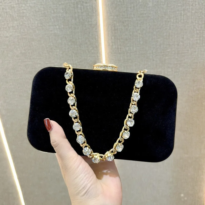 

New Women's Diamond Studded Handbag For Banquets Fashionable Handbag Water Diamond Velvet Single Shoulder Crossbody Dinner Bag