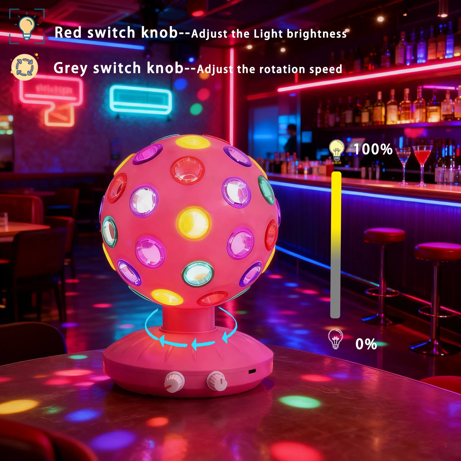 Bola de discoteca giratoria rosa Iluminación ambiental 360 °   Lámpara ajustable de velocidad/brillo giratorio (USB /3 pilas AA)