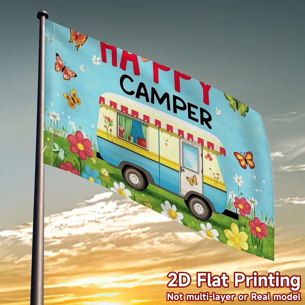 Happy Camper Travel Trailer Garden Flag Durable Polyester Outdoor Yard Decor