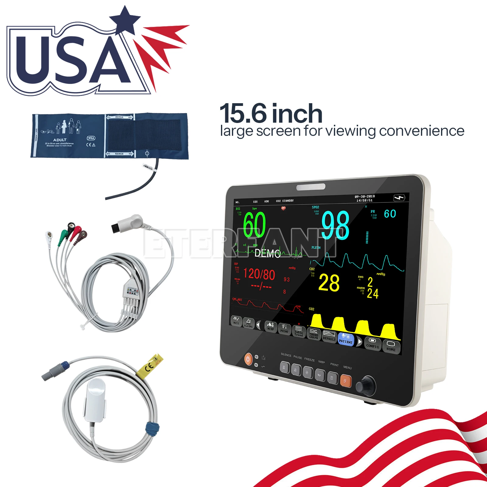 ETERFANT 15.6 بوصة مراقبة المريض ICU CCU علامة حيوية للمستشفى ECG NIBP RESP TEMP SPO2 PR 3 أوضاع العمل PM15B