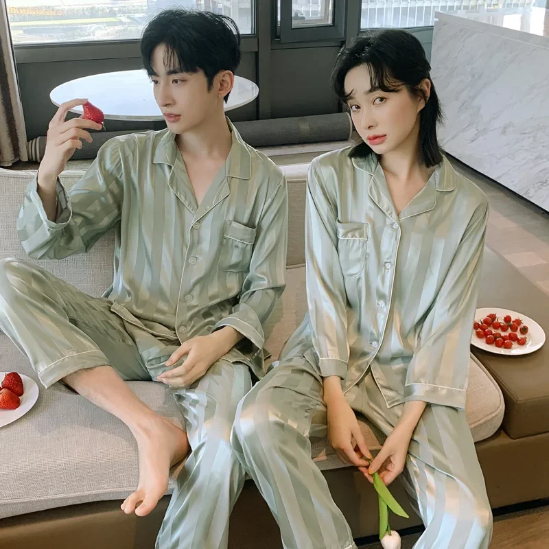 High Quality Couple Pajamas Suit Women Spring Autumn Ice Silk New Summer Luxury Simple Design Sleepwear Men Loungewear Set Male