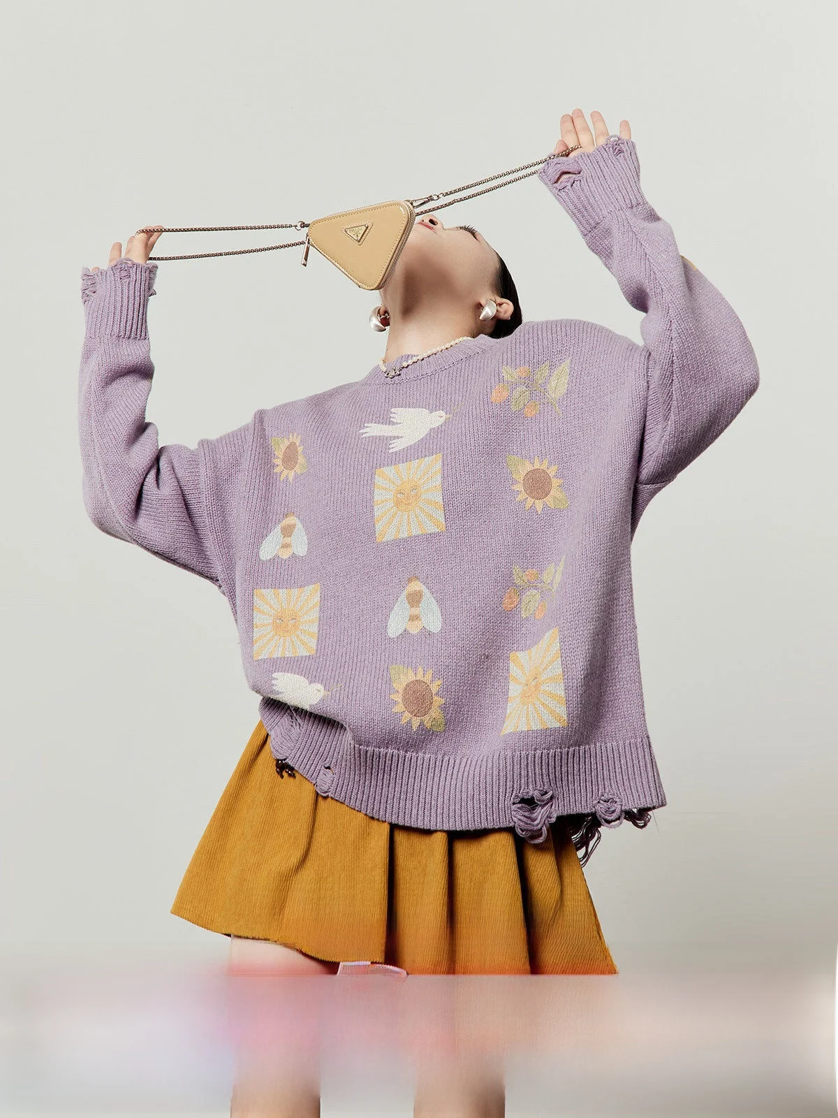 

Zhou Li Wu Purple Knitted Sweater Women's Casual Sle Winter New Hole Punching Loose Fit Long Sve Plant Floral Pattern
