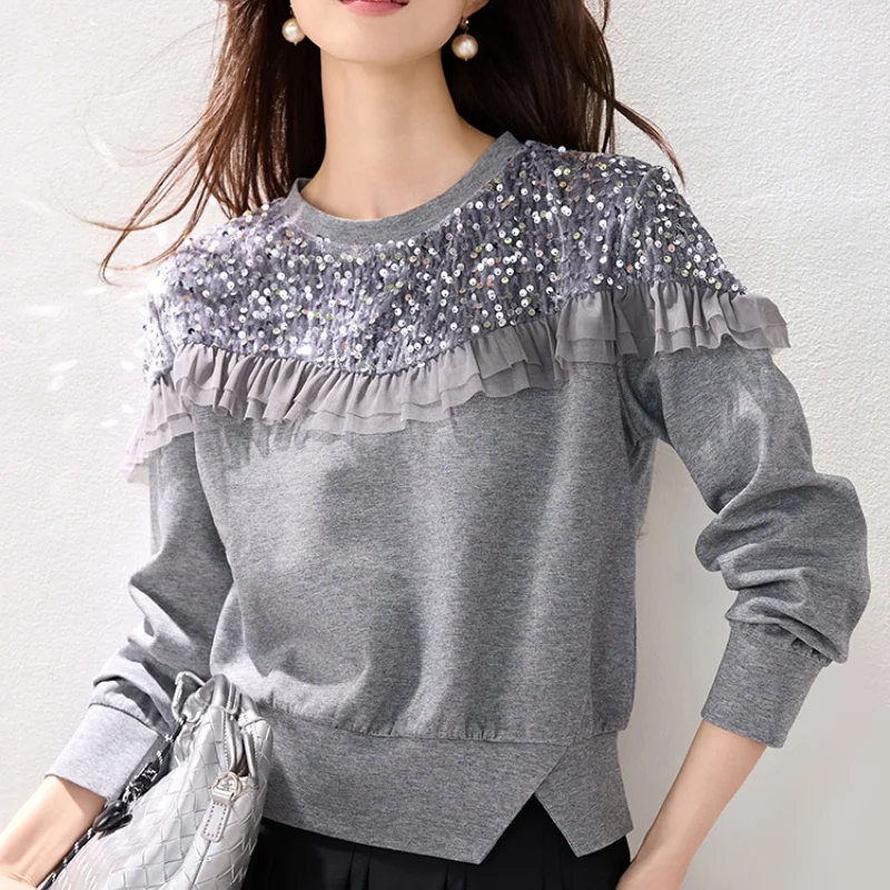 Autumn Women Designer Ruffle Patchwork Sequin Shirt Korean Loose T-shirts Simple Office Casual Blouses Lady Long Sleeve Tops