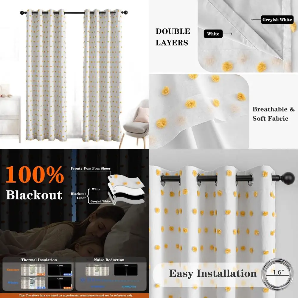 

Total Blackout Curtains for Girls' Room, 84 Length, White & Yellow, 52 Wide x 84 Long, 2-Panel, with Pom Pom Trim