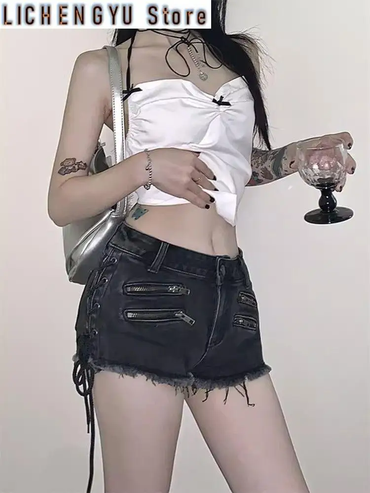Women's Zipper Strap Design Tight Fitting Shorts American Street Young Girl Low Rise Ruffled Hot Pants Summer Female Mini Jeans