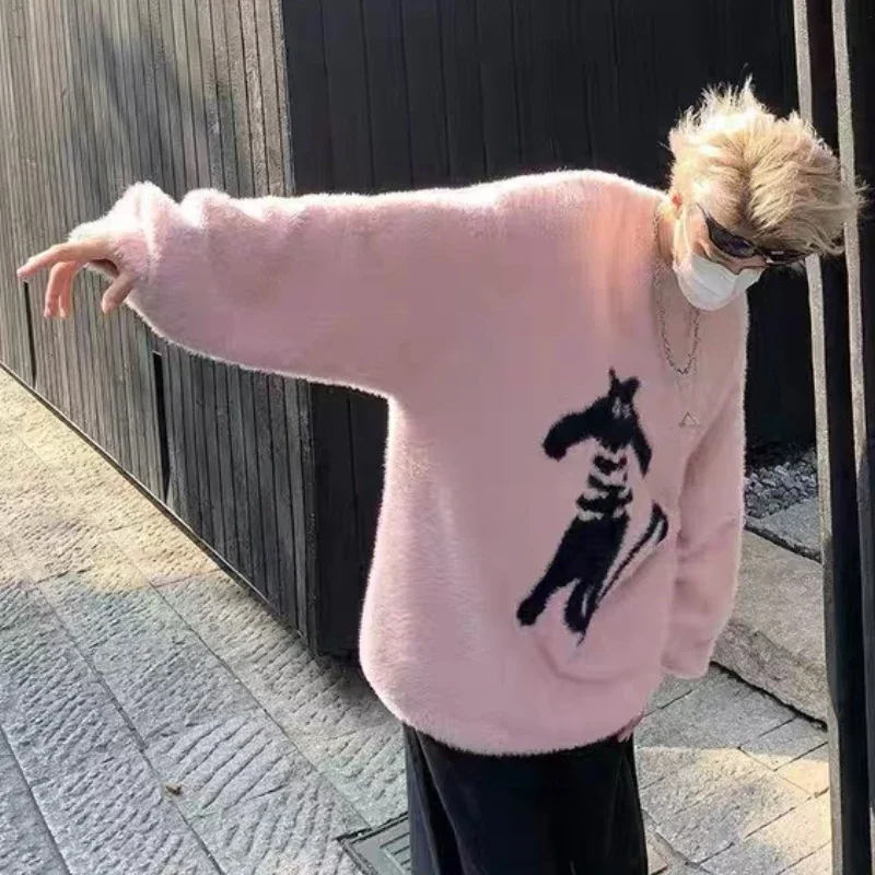 Nieuwe Vintage Cartoon Kat Truien Mannen Herfst Japanse Harajuku Losse Pullover Street Y Y 2K Trend Zachte Kleverige Mannelijke Gebreide Top