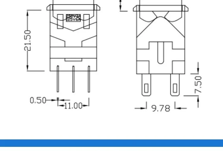 5 Stück, quadratischer Taster mit 17 x 17 mm Loch, Modell KD2-24 (ohne Beleuchtung), KD2-23 (mit Selbstverriegelung), KD2-22 (mit Rückstellfunktion), KD2-21 (mit Beleuchtung). – Detail 4