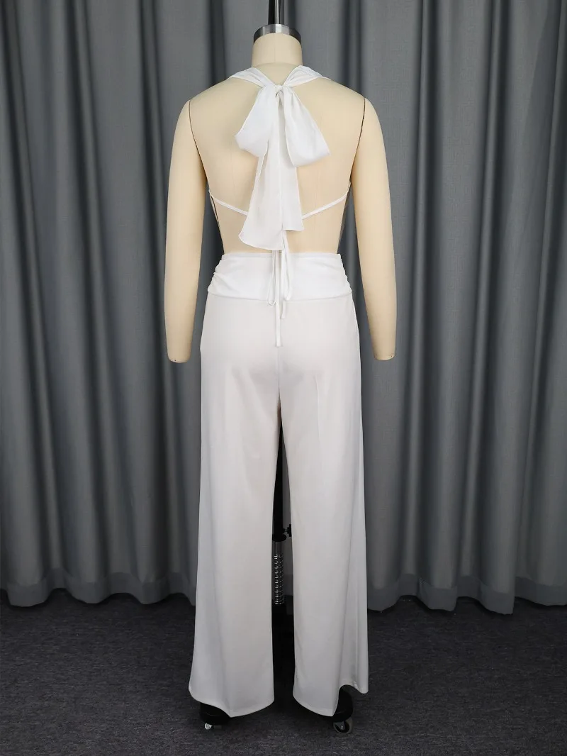 Ensemble 2 pièces pour femmes, couleur unie, décontracté, col oscillant, col licou, dos nu, débardeur + pantalon froncé, taille haute, jambes larges