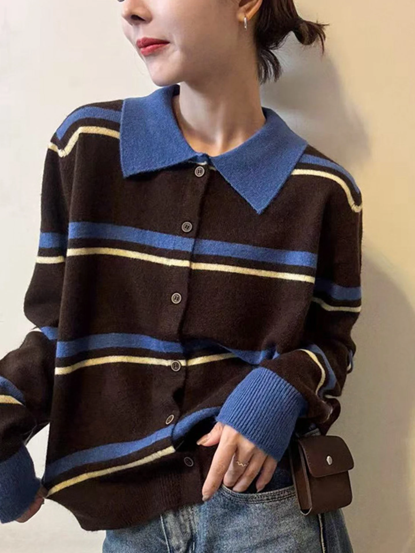 Pull Long tricoté rétro pour femme, Cardigan amincissant à bouton unique, haut d'automne, couleur Blo rayé