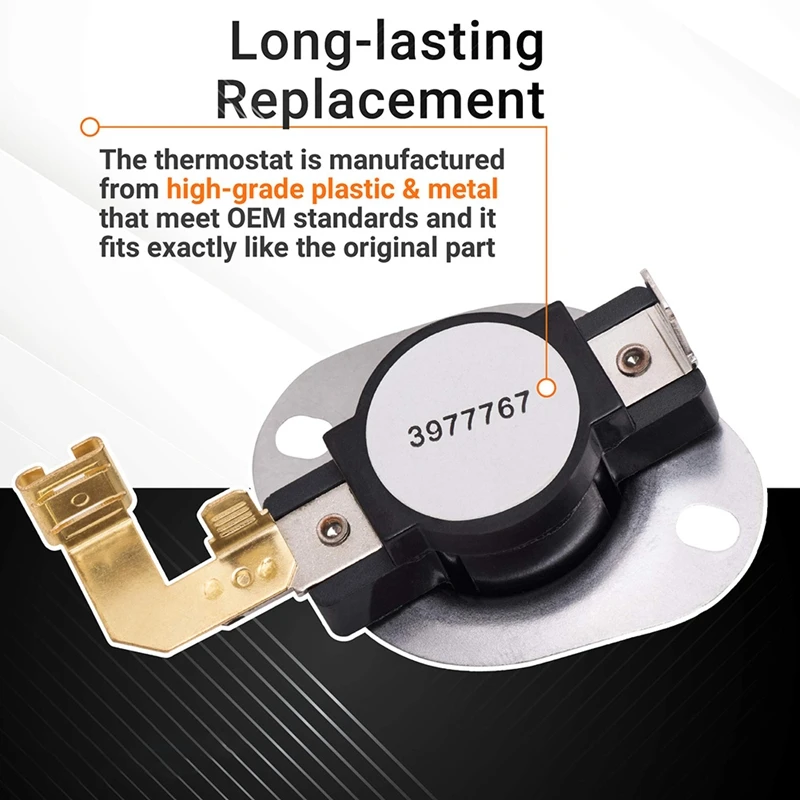 Peça de substituição do termostato secador, Termostato de alto limite, 3977767, Fácil de instalar, Substitui 3399693, WP3977767, WP3977767VP