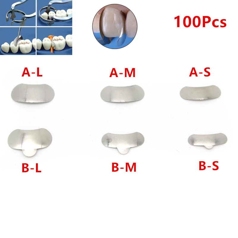 100 Pcs/Set Dental Sectional Contoured Matrices Matrix Ring Delta Wedges Filling Metal Matrices Bands Dental Matrix Sectional