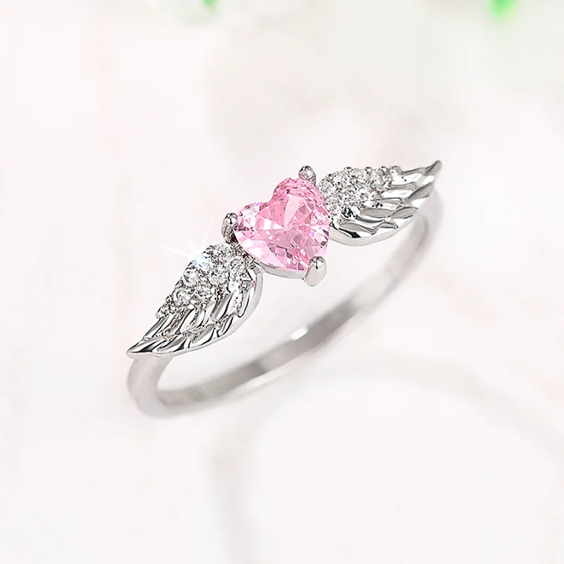 Pink Crystal Love Heart Stone Ring Cute Angel Wings White Zircon Engagement Rings For Women Vintage Silver Color Wedding Jewelry