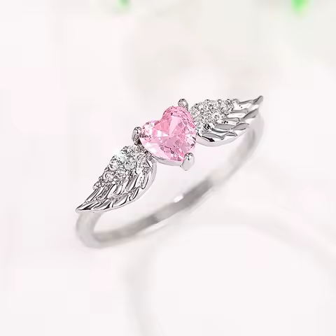 Pink Crystal Love Heart Stone Ring Cute Angel Wings White Zircon Engagement Rings For Women Vintage Silver Color Wedding Jewelry