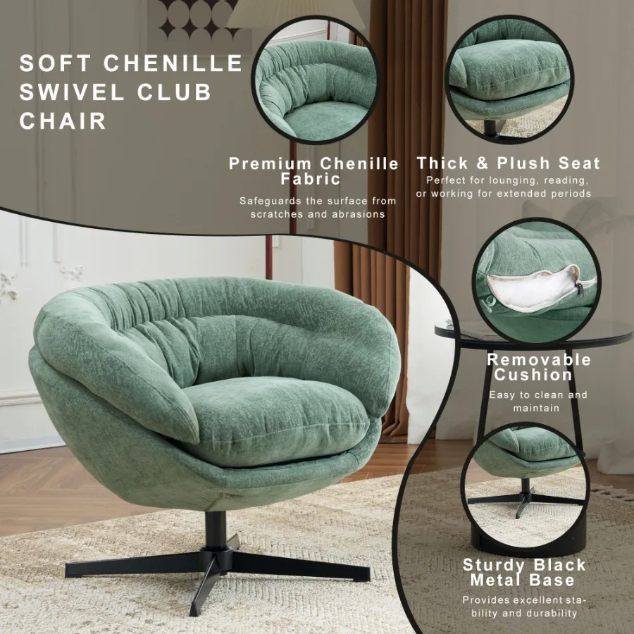 COMFY Chenille Upholstered 360° Swivel Club Chair/Accent Chair with Removable Cushion Round Office Chair with Black Metal Base