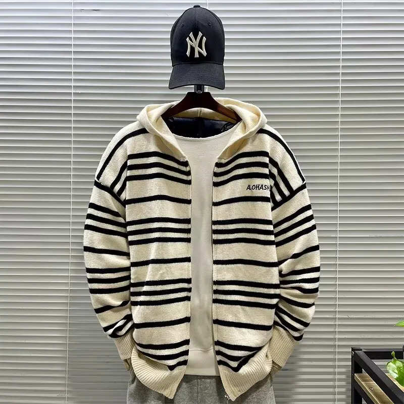

Autumn Winter Large Size 250 Pou Color Blo Striped Hooded Open Cardigan Knitted Loose Couple Sweater Outerwear for Men