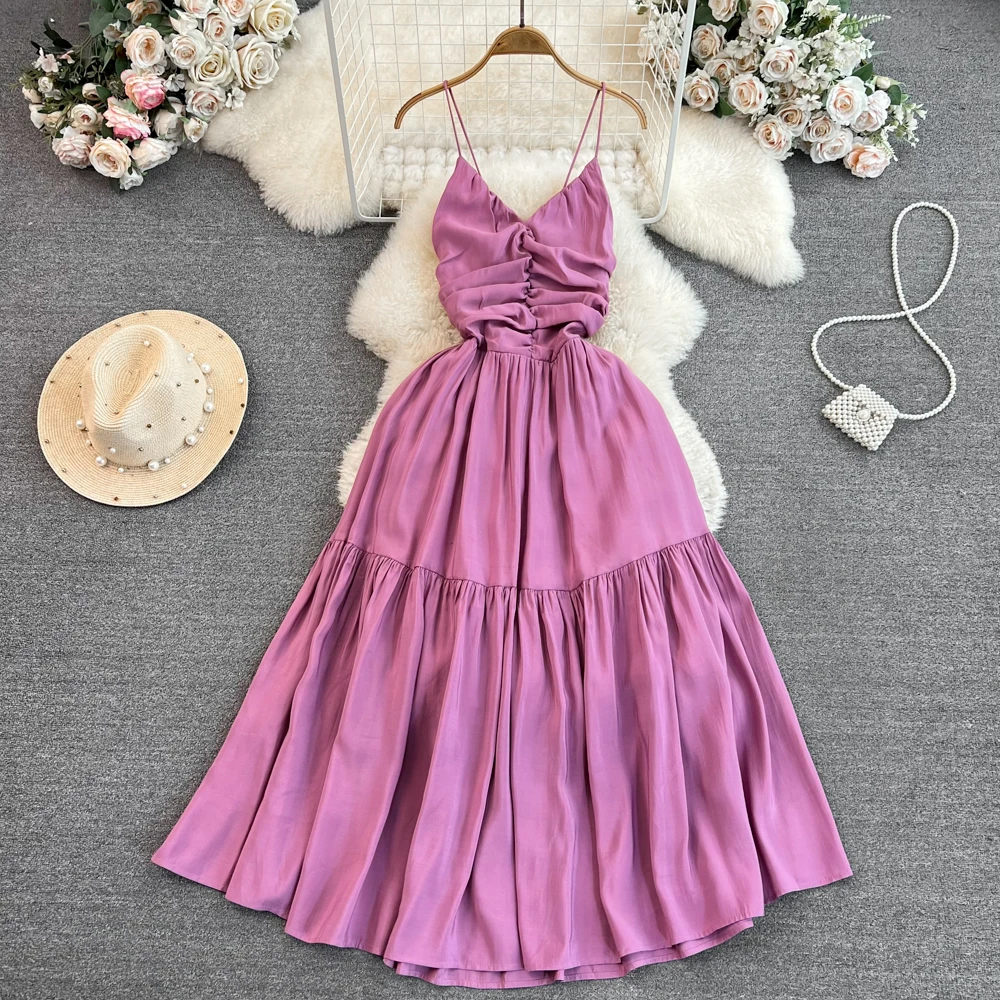 

Sweet Solid Pink Robe Camis V Neck Suspender Skirt Summer Seaside Backless High Waist A Line Sleeveless Bandage Pleated Dress