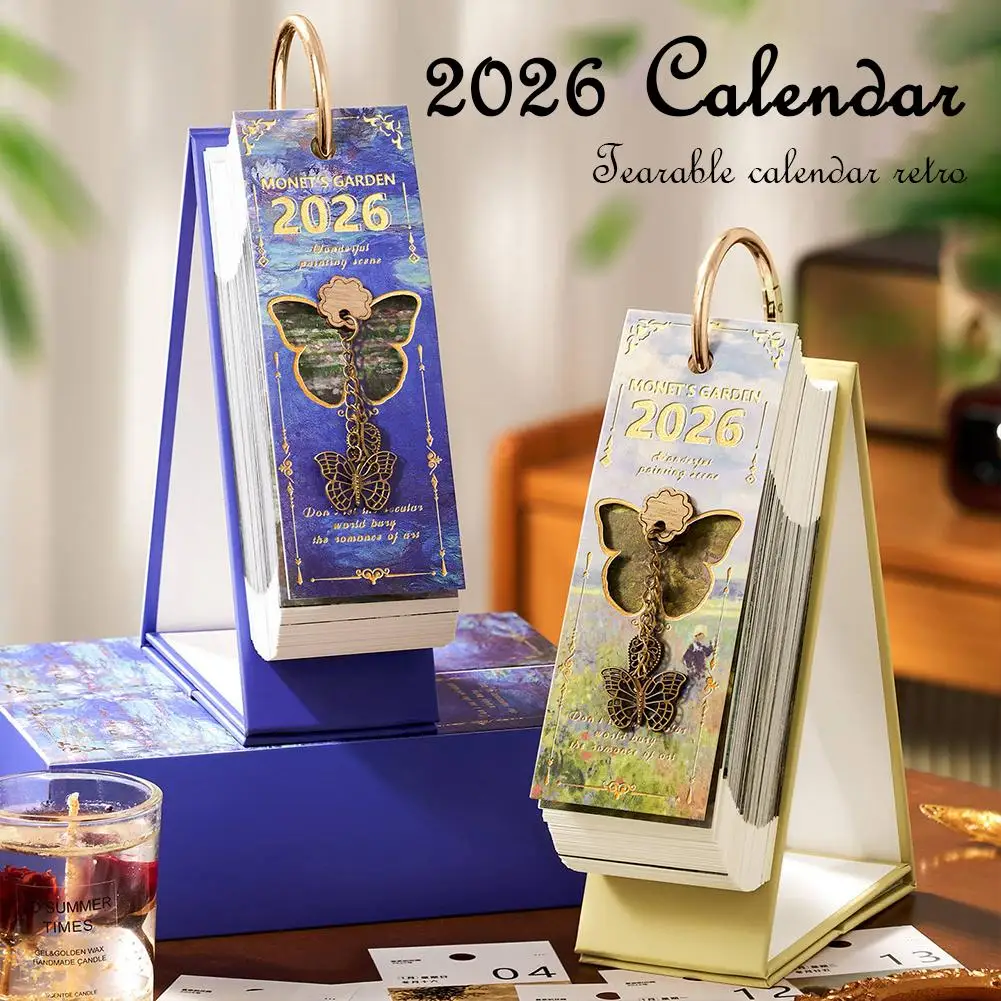 

Vintage Oil Painting Desk Calendar With Gold Ring Binding 365 Days Inspirational Quotes One-Way Page Turn Daily Planner