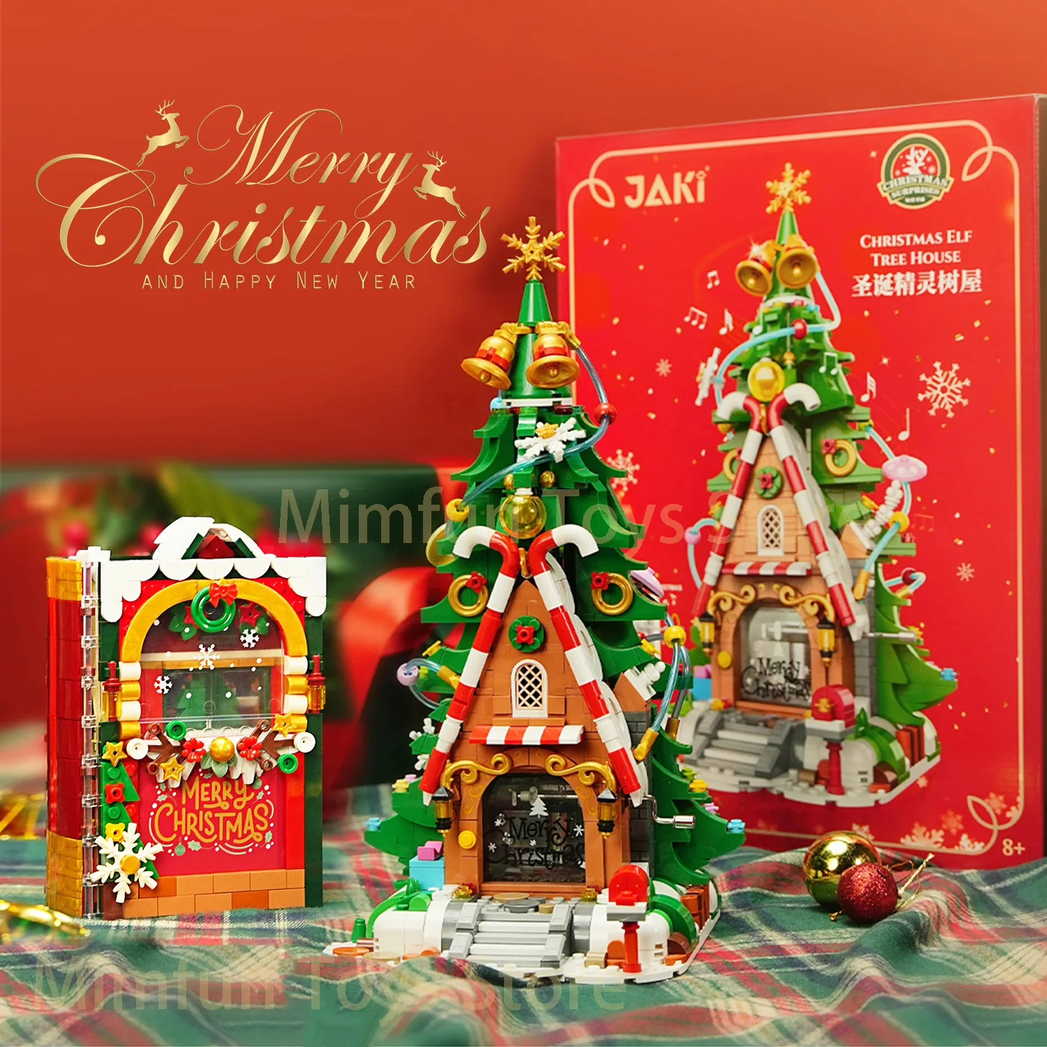 

JAKI Christmas Candy Tree House Building Blocks Hand Crank Music Box 3D Christmas Fairy Tale Book Kid's Assembly Toys Xmas Gift