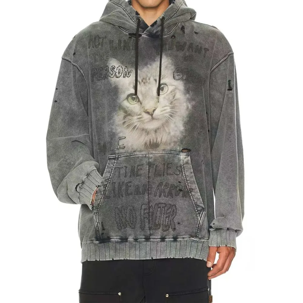 25SS MMY MIHARA Japanese Style Washed Water Distressed Cat Hooded Sweatshirt Print for Men