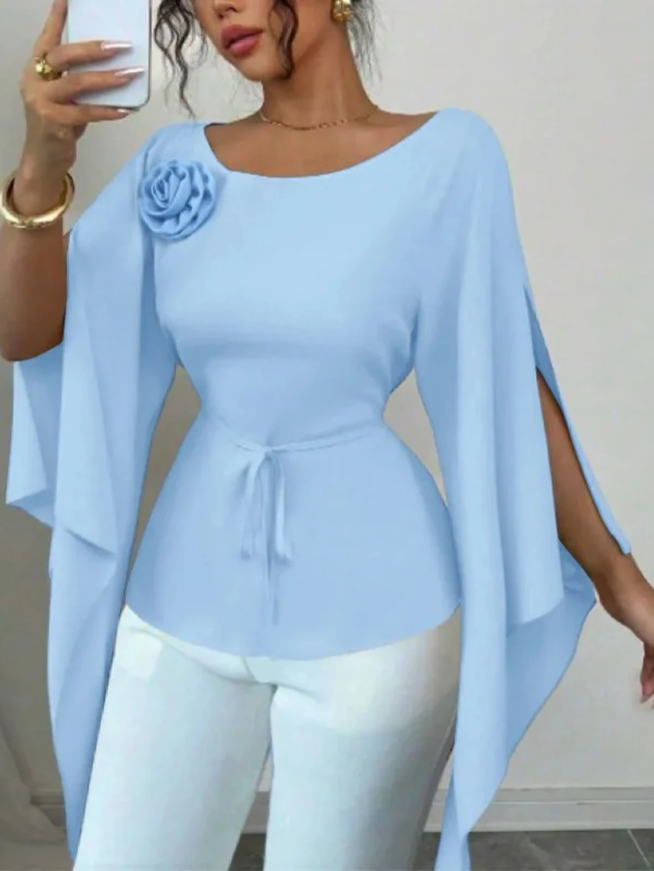 

Autumn cross-border European and American temperament elegant style slit long sleeved shirt women's waist cinched shirt pullover