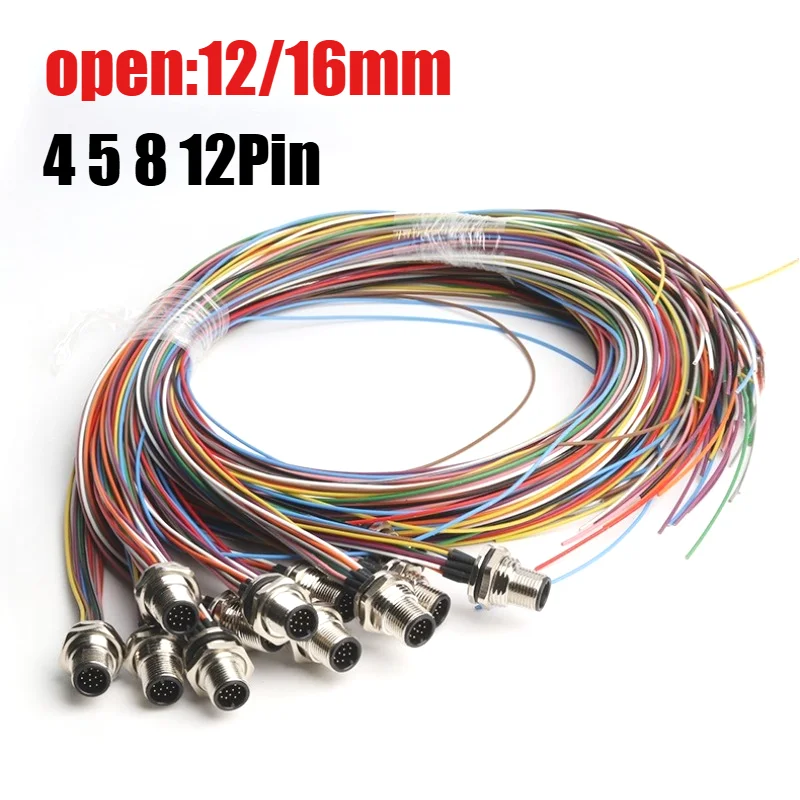 Waterproof M12 Male Female Connector Cable IP68 4P 5 8P 12 Pin Aviation Socket with 20CM Wire Open 12mm/16mm Panel Mount Sockets