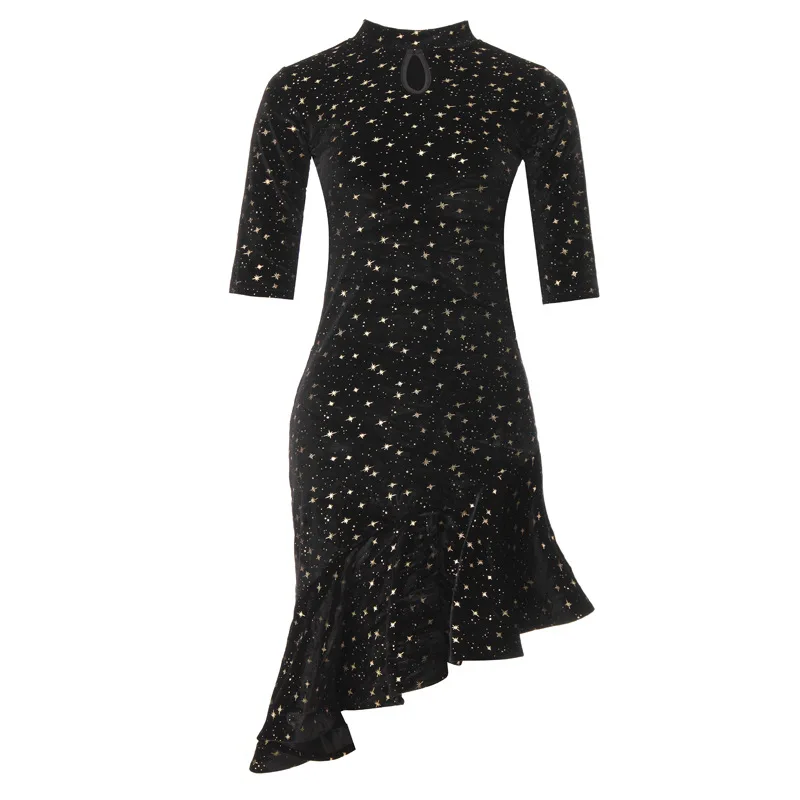 1 ピース/ロット女性ファッションベルベットラテンダンスドレスレディスター秋冬半袖マーメイドラテンドレス