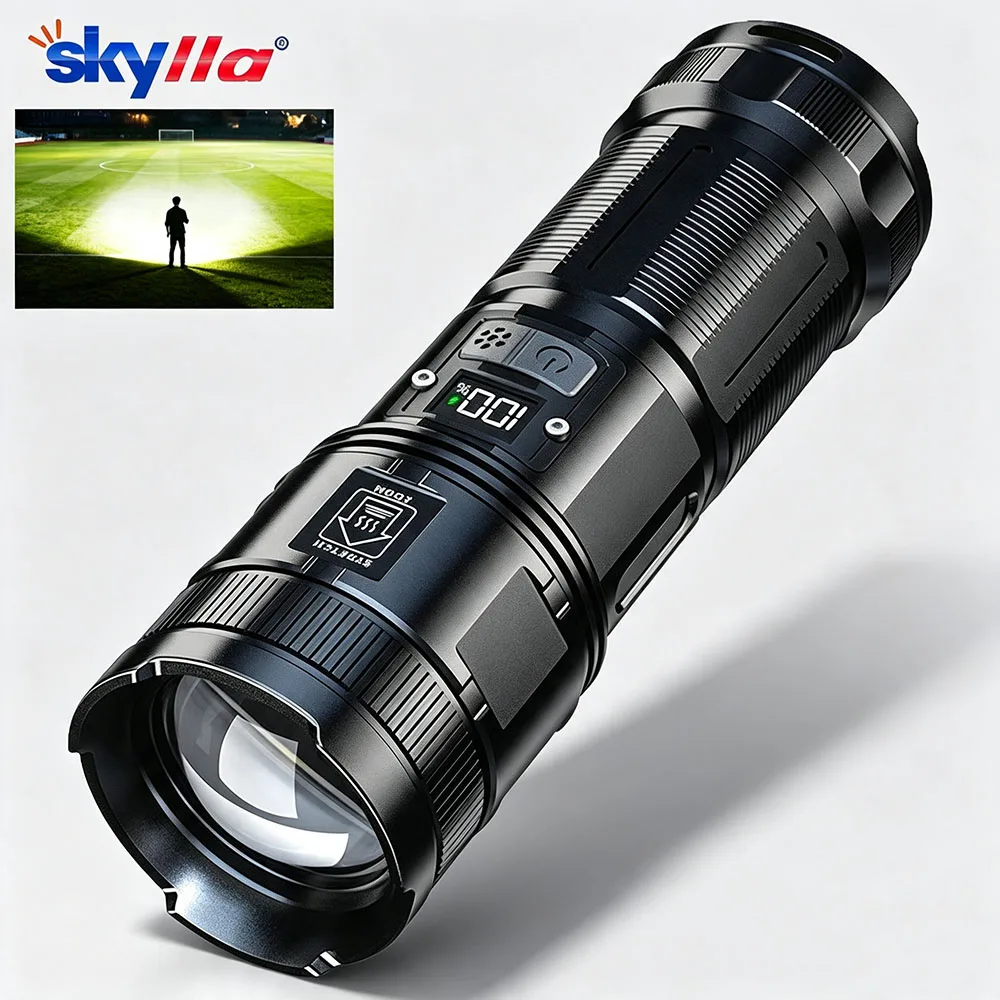 High Power LED Flashlight Rechargeable Long-Range Torch with Display COB Tail Light Lantern Built-in Battery Type-C Stronglight