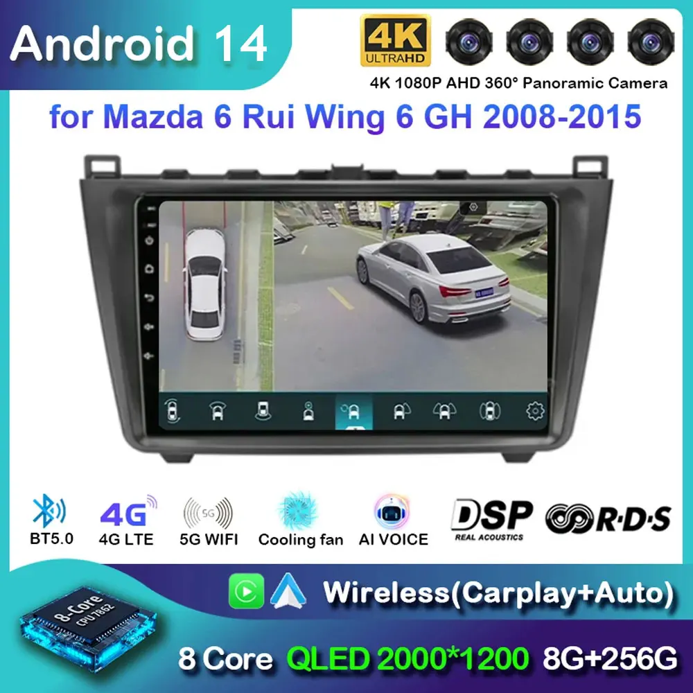 

Android 14 Carplay Авто Авто Радио Для Mazda 6 GH 2007-2012 Навигация GPS Мультимедийный Плеер Стерео Wi-Fi + 4G DSP видео BT 2 DIN