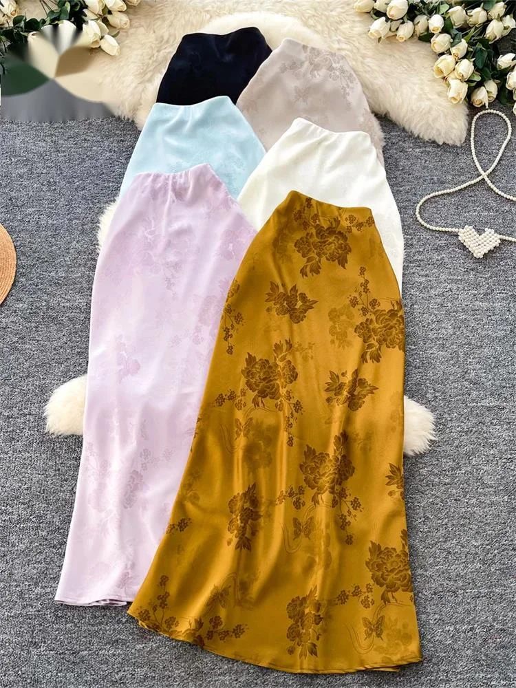 

Юбки миди из атласа с цветочным принтом, женские летние, с высокой талией, тонкие, струящиеся, во французском стиле, элегантные, А-силуэта, для офиса