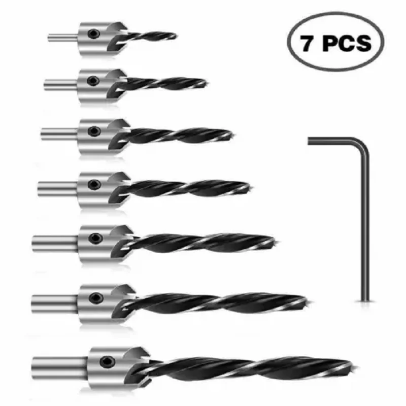 7 Piece Wooden HSS Countersink Drill Bit Screw Set Wooden Guide Hole Woodworking Tools