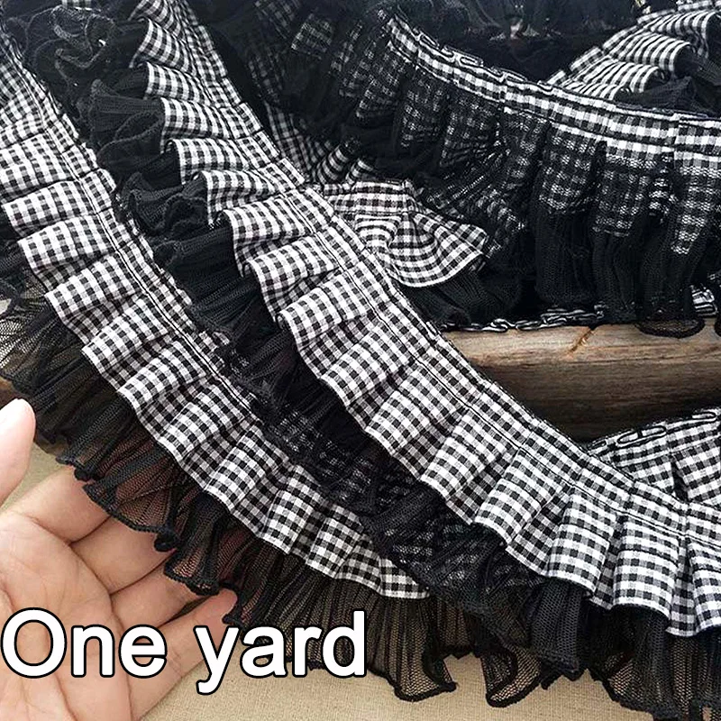 1Yard White Black Plaid Pleated Ribbon Embroidery Lace Fabric Handmade Sewing Clothes Garment Collar Trims Decor Accessories