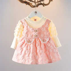 2024 Spring and Autumn Girls Sweet Long Sleeve Button Princess Skirt Flower Round Neck Dress Children's Clothing 1-5Y