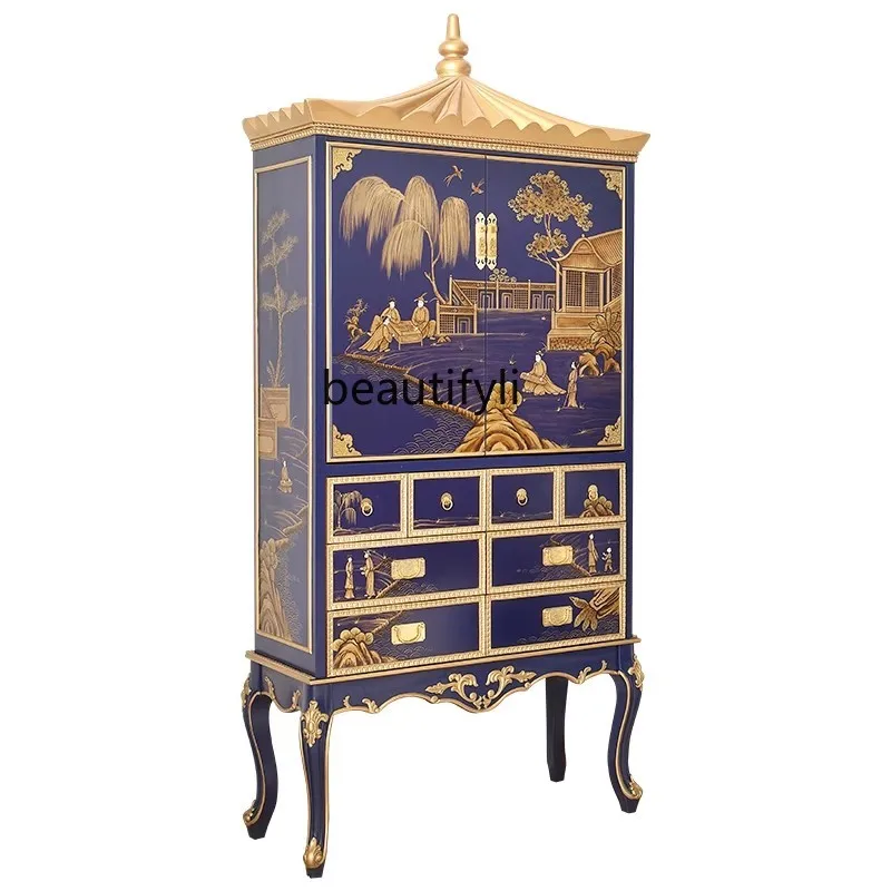 

Villa French Chinese style sapphire blue living room high-end solid wood double-door high-foot display cabinet sideboard