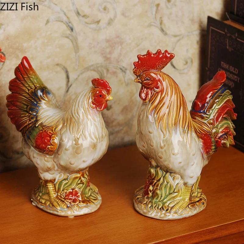 Creative Rooster and Hen Sculpture Ceramic Crafts Living Room Wine Cabinet Decoration European Home Courtyard Decoration Art