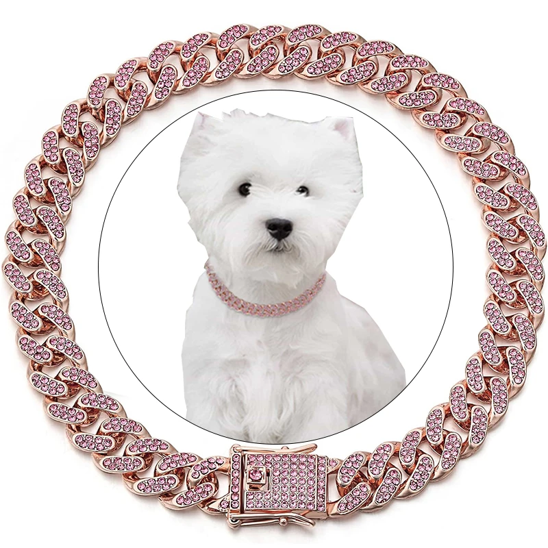 Dog Chain Collar Pink Diamond Cuban Link Necklace Metal Cat Chain Pet Crystal Collar Jewelry Accessories for  Dogs Cats