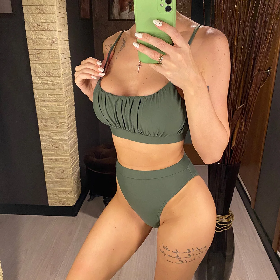 Neuer, sexy, geraffter, gepolsterter Damen-Badeanzug, Bikini mit hoher Taille, zweiteiliges Bikini-Set, Badebekleidung, Badeanzug, Modell V3191. – Detail 4